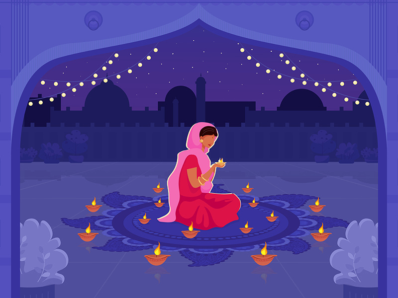 Woman in sari pray flat color vector illustration