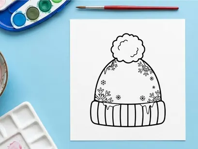 Topi beanie musim dingin dengan pola bunga salju dan pom pom, ilustrasi seni garis hitam putih.