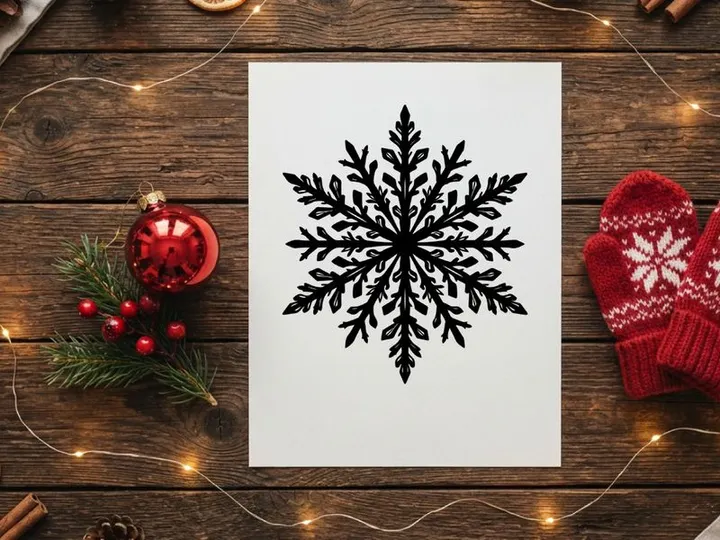 Black snowflake icon isolated on white background for winter holiday design elements.
