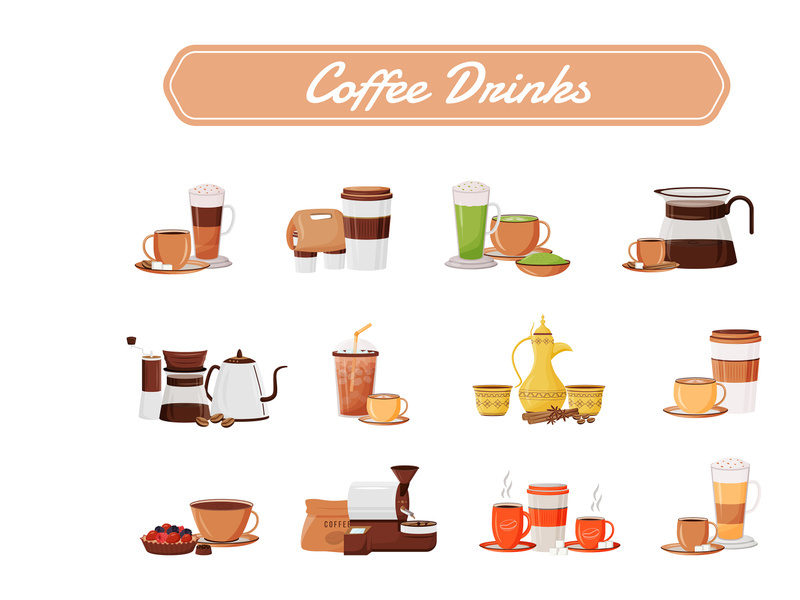 Coffee drinks flat color vector objects set