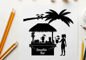 Silhouette of a woman at a tropical smoothie bar with palm tree