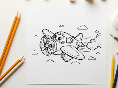 Cute cartoon airplane flying in sky vector illustration