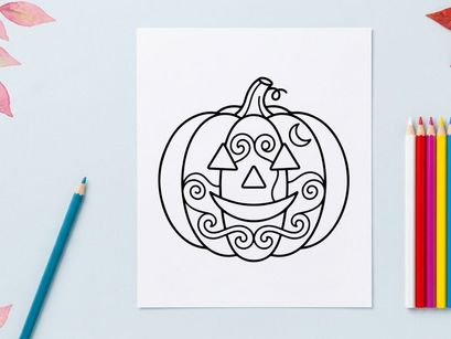Hand-drawn Halloween pumpkin jack-o-lantern illustration. Spooky autumn festival doodle with tribal swirls and mystical symbols.