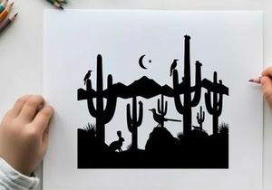 Desert silhouette with cacti and birds under moonlight