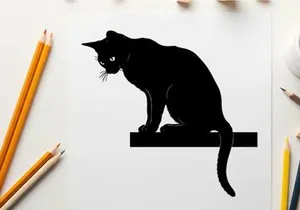 Black cat silhouette sitting on a ledge looking down