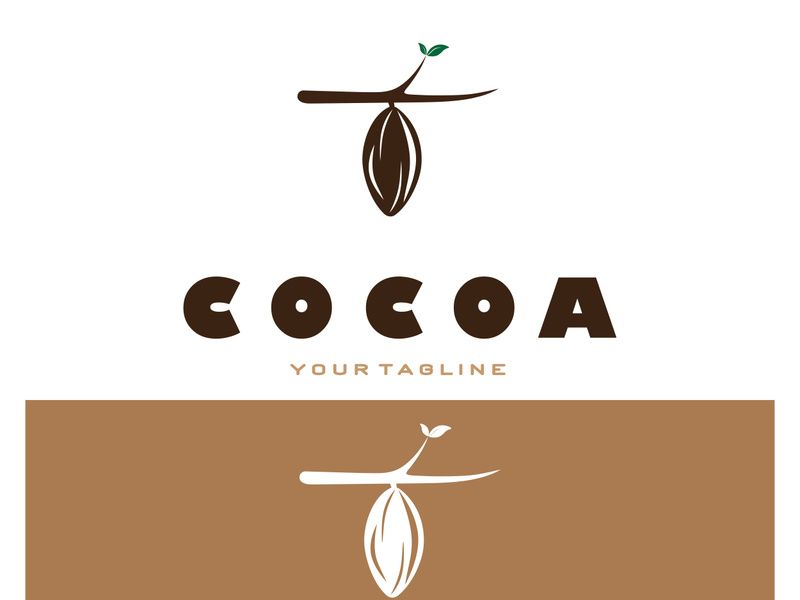 cocoa logo,cocoa bean,cocoa tree,cocoa branches and leaves,chocolate mix on white background,vintage,modern,simple,minimalist icon illustration template design vector