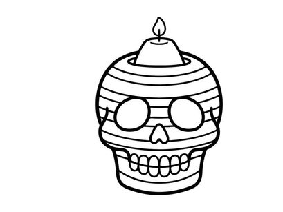 Hand-drawn sugar skull with lit candle for Day of the Dead celebration. Cartoon-style calavera face illustration for Halloween and festive decor.