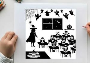 Halloween classroom scene with witch and children in silhouette