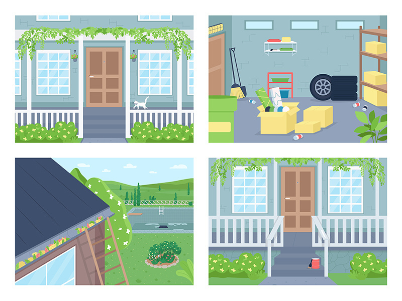 Outside house flat color vector illustration set