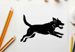 Black silhouette of a dog running quickly to the right