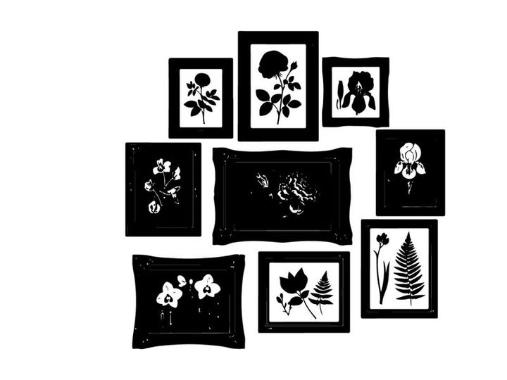 Collection of framed botanical silhouette artworks on white background