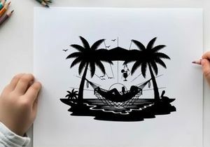 Relaxing silhouette of a person in a hammock between palm trees