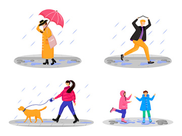 People in rain flat color vector faceless characters set preview picture