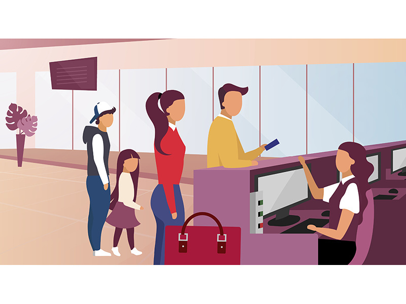 Passport control in airport flat vector illustration