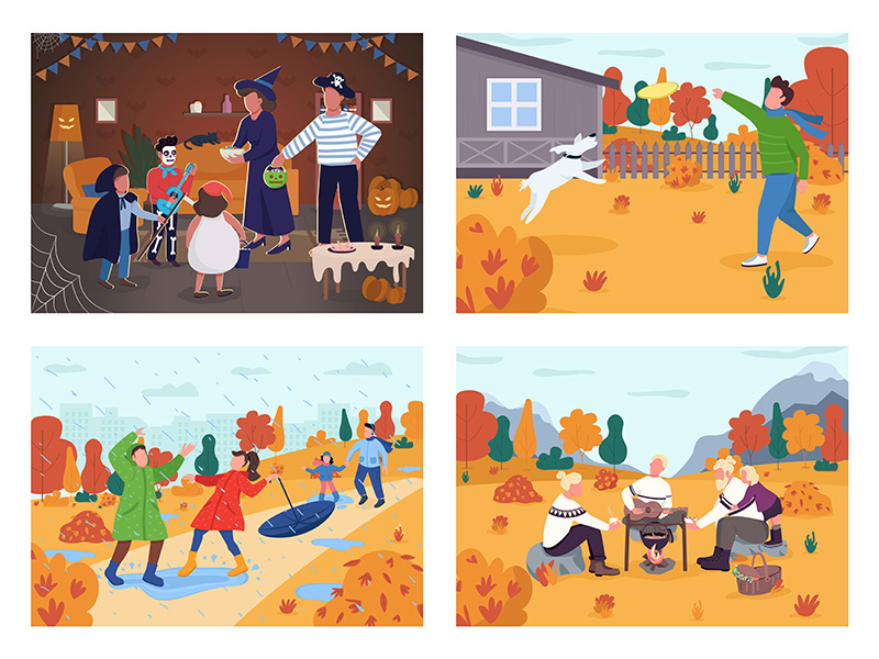 Fall holiday activity semi flat vector illustration set