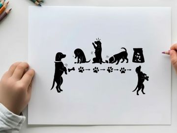Silhouette of dogs playing fetch with paw prints and dog food preview picture
