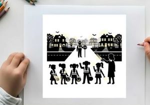 Silhouette of children and teacher crossing the road at night