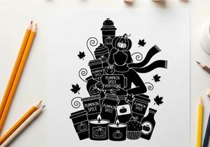 Silhouette of a woman surrounded by fall items and pumpkin spice latte
