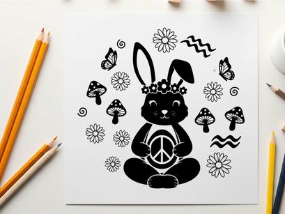 Peaceful silhouette bunny in flowers and mushrooms