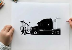 Silhouette of a semi truck parked beside a building with a pedestrian