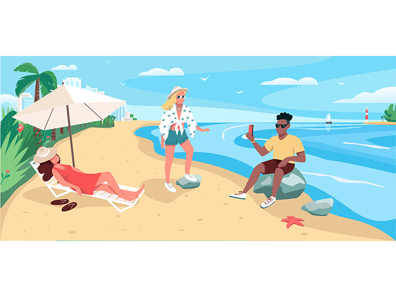 Friends relaxing at sandy beach flat color vector illustration