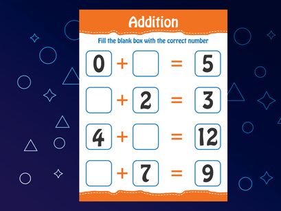 Basic math addition for kids. Fill the blank box with the correct number. Worksheet for kids