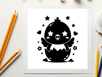 Silhouette of a cute cartoon chick hatching with stars and hearts