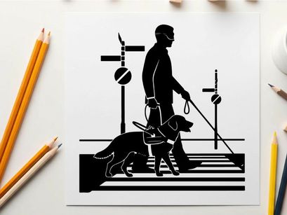 Silhouette of a man with guide dog crossing street