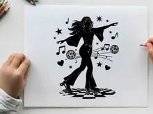 Disco dancer silhouette with music notes and symbols