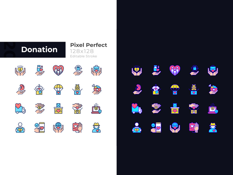 Donation opportunities pixel perfect light and dark theme color icons set