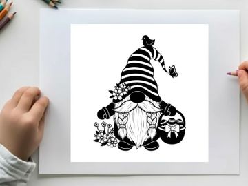 Black and white silhouette of a garden gnome with flowers and butterfly preview picture