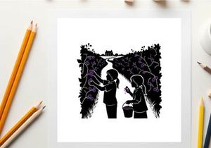 Silhouette of two people by a river with a silhouette background
