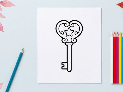 Llave vintage con diseño de corazón y estrella ornamentados. Ilustración clásica de llave esqueleto para temas de amor, seguridad y celebración.