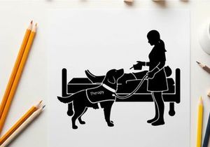 Silhouette of woman and service dog assisting person in bed