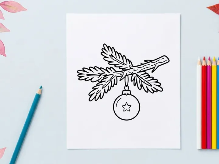 Christmas tree branch with hanging bauble ornament line art drawing
