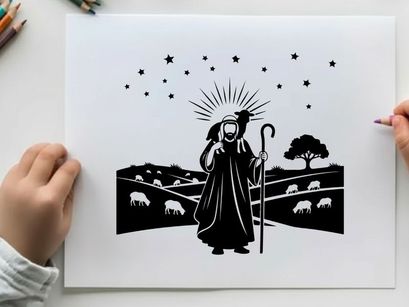 Silhouette of a shepherd under starry night with sheep
