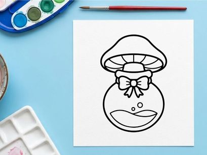Mushroom potion bottle icon. Cute magic elixir flask with bow for Halloween design.