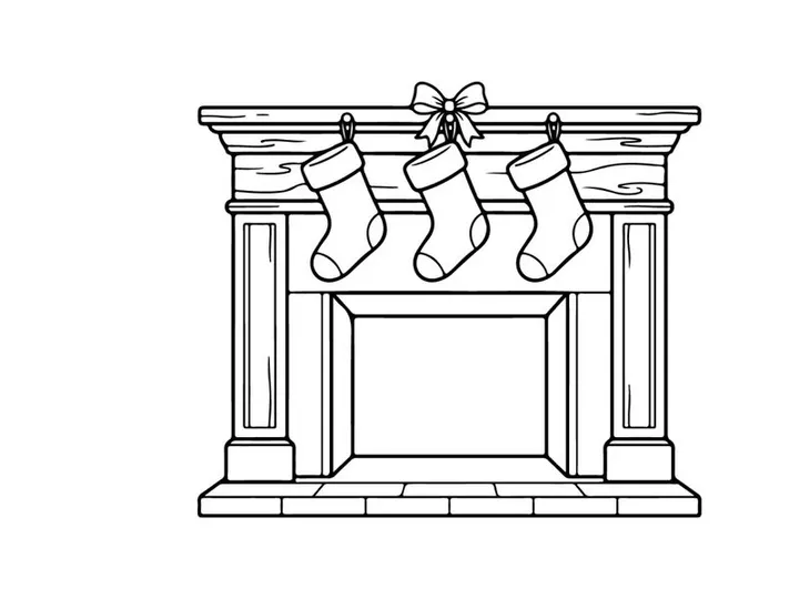 Line Art Illustration of a Fireplace with Hanging Stockings