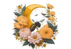 Watercolor Floral Honey Moon With Flying Bee And Sunflower, Vector Illustration Isolated In White Background.