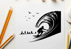 Surfer riding massive wave in silhouette style