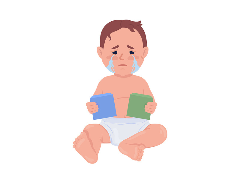 Crying baby with toy blocks semi flat color vector character