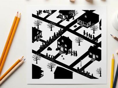 Silhouette of a snowy neighborhood scene with houses and people