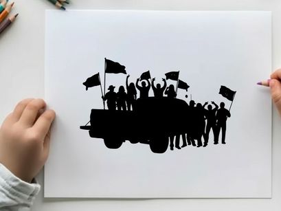Silhouette of people on a truck waving flags in celebration