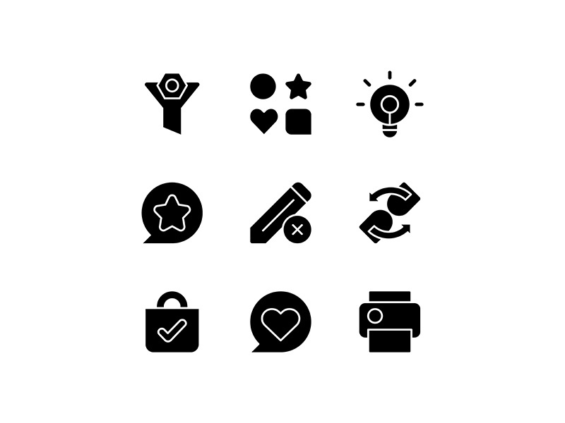 Interface for mobile application black glyph icons set on white space