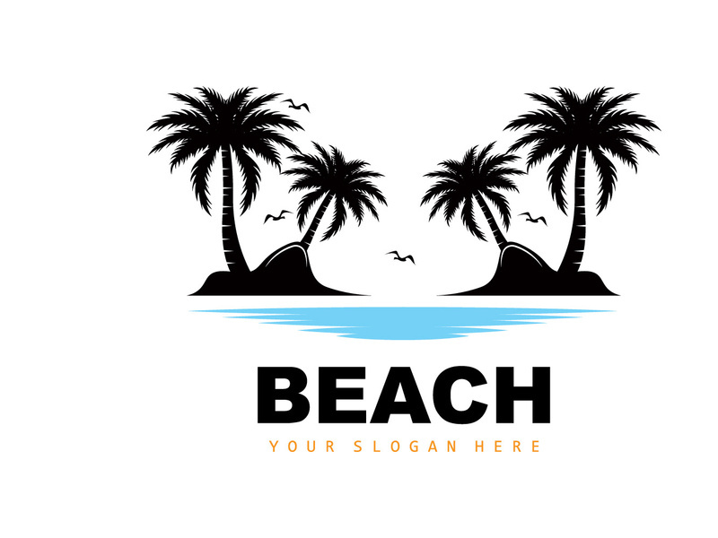 Coconut Tree Logo With Beach Atmosphere, Beach Plant Vector, Sunset View Design