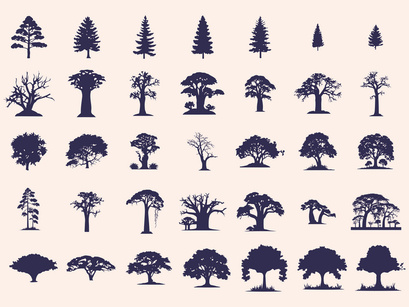 Silhouettes Trees Set, Pine Tree fir pruce cedar white patch alder elm birch ash cypress beech palm tree.