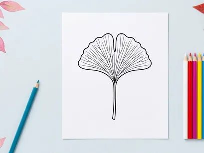 Ginkgo leaf illustration showcasing detailed fan-shaped foliage. Artistic botanical drawing emphasizing natural symmetry and fine line work.