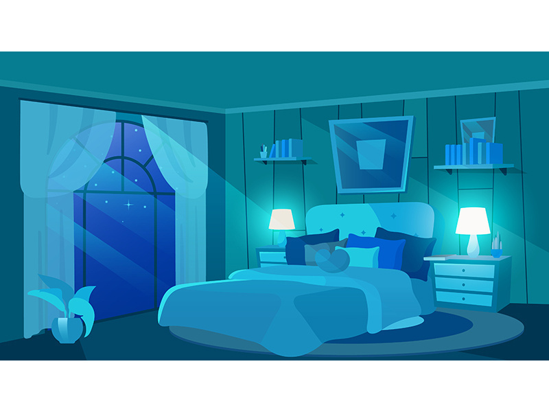 Female bedroom at night flat vector illustration