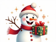 A cheerful snowman wearing a Santa hat and scarf.