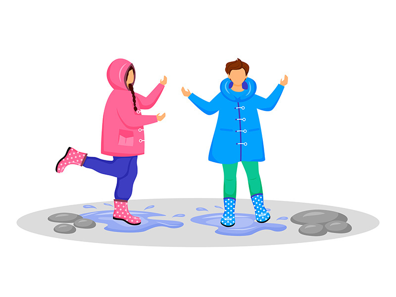 Children in raincoats flat color vector faceless character